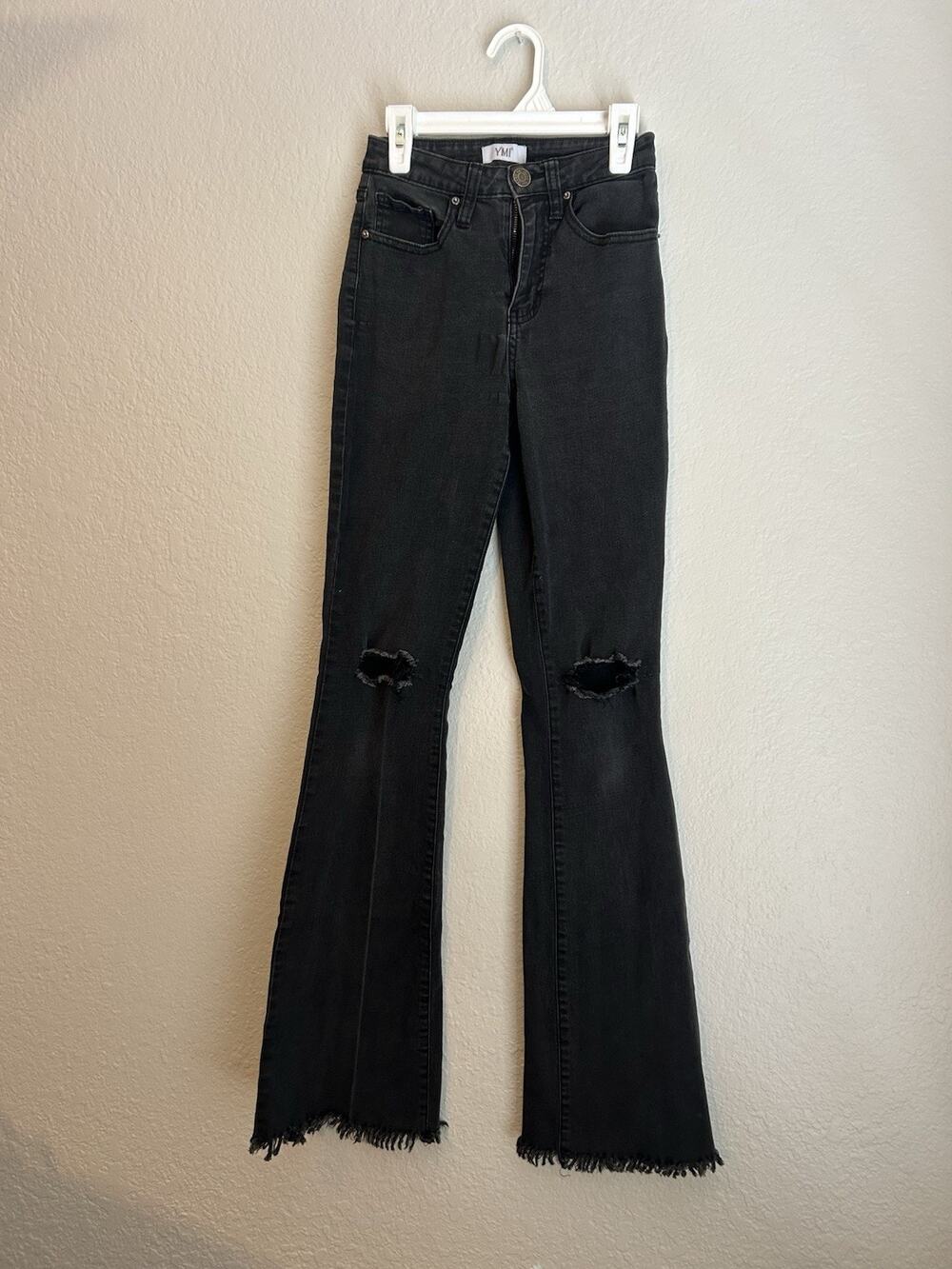 YMI Womens Black Dark Wash Mid Rise Distressed Slim Flare Jeans 1 25 5-Pocket